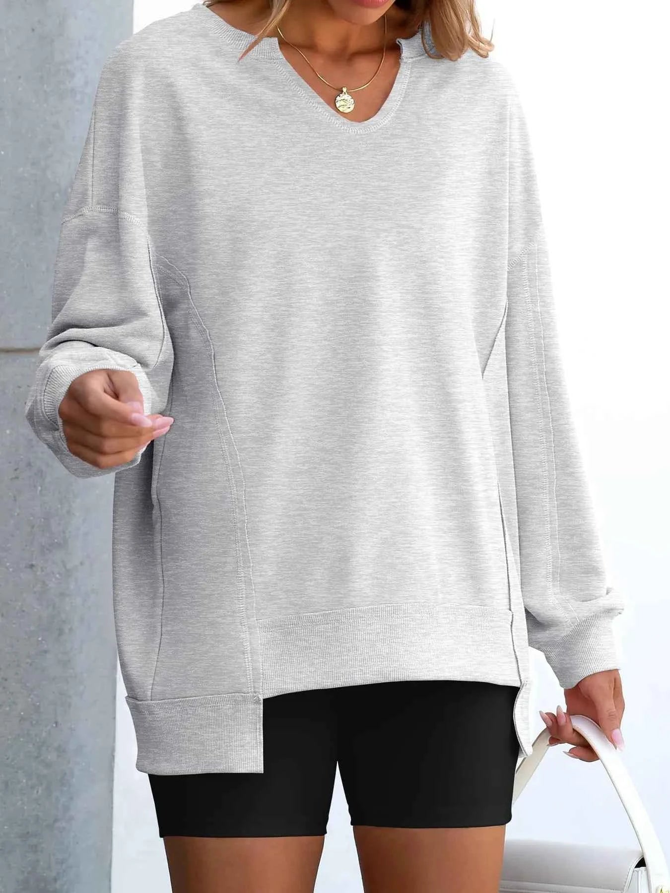 Notched Long Sleeve Oversized Sweatshirt