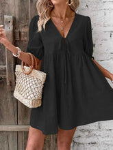 women_fashion - littlescollectionCotton dressV - Neck Tie - Front Mini Dress with Puff Sleeveslittlescollection