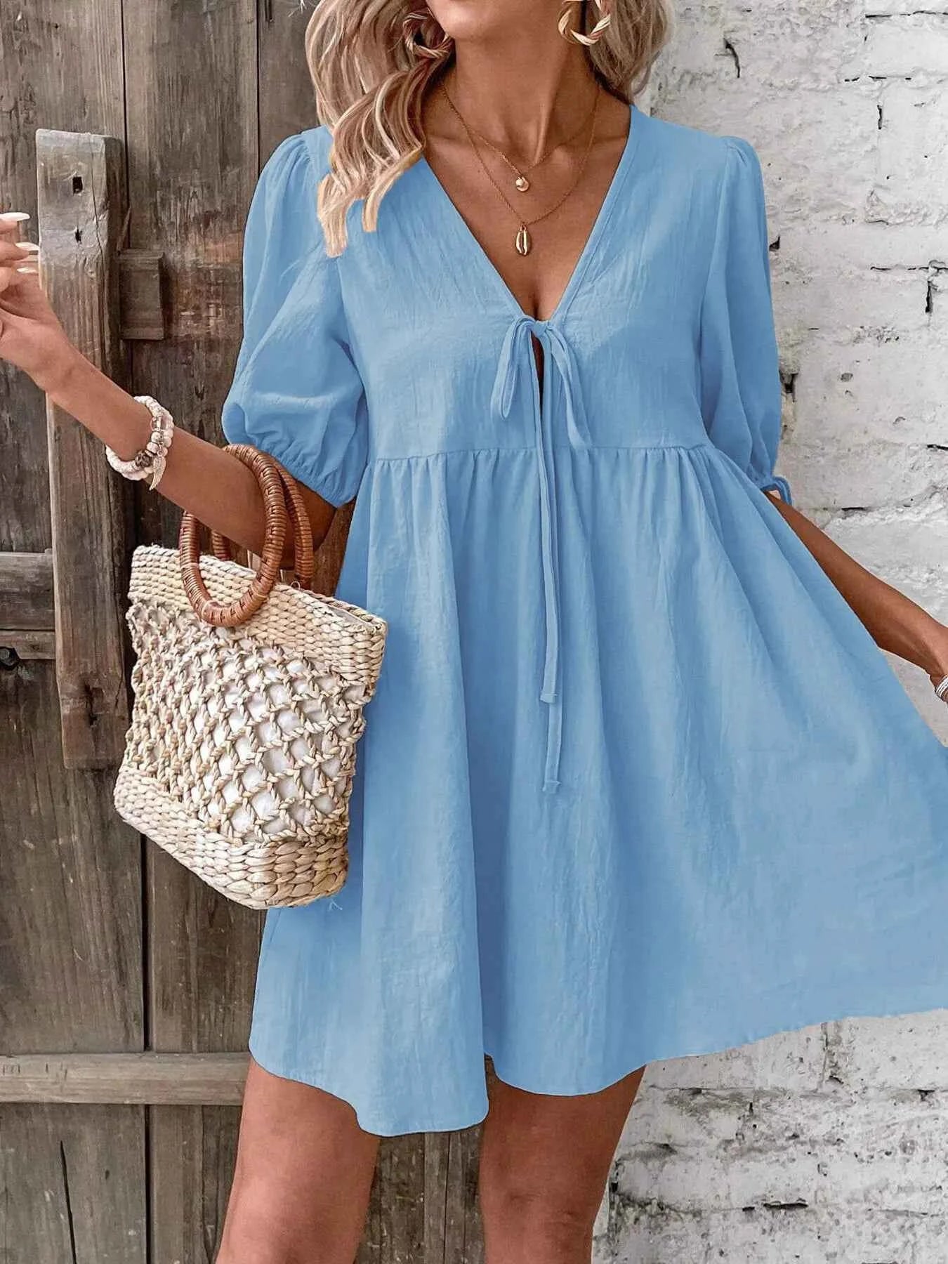 women_fashion - littlescollectionCotton dressV - Neck Tie - Front Mini Dress with Puff Sleeveslittlescollection
