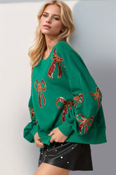 Double Take Christmas Bow Sequin Round Neck Dropped Shoulder cotton blend Sweatshirt 