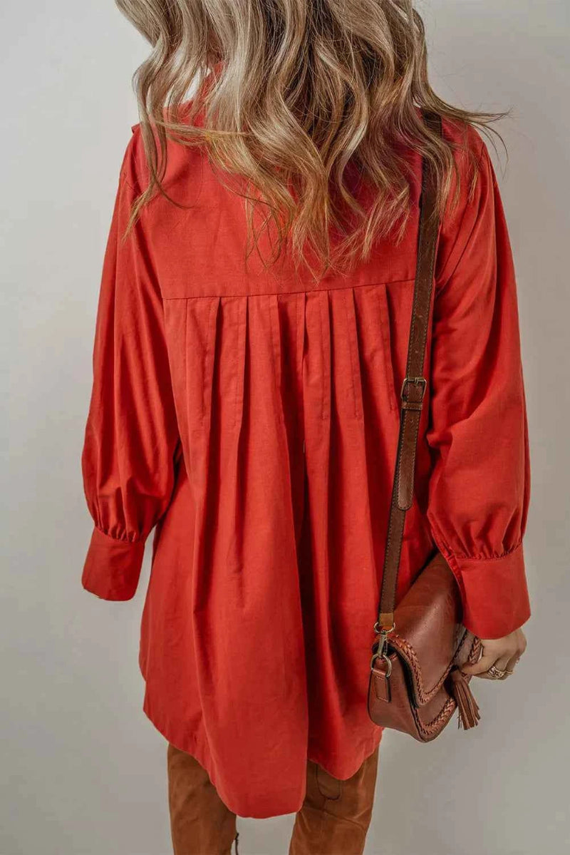 Red Long Sleeve Cotton Shirt Dress