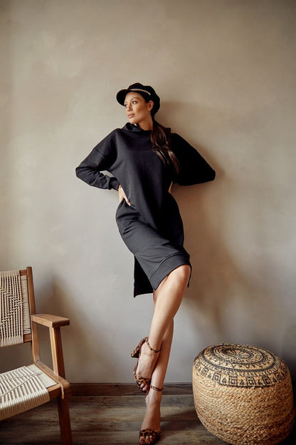 Black cotton hoody dress with pockets 