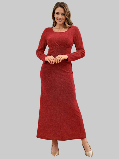 Ruched Round Neck Long Sleeve Dress