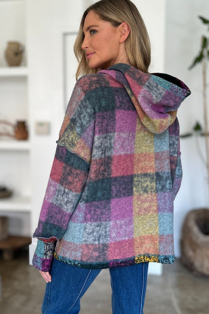 Double Take Plaid Dropped Shoulder Fleece Hoodie - Littles Collection 