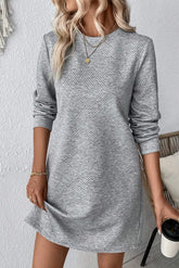 Textured Round Neck Long Sleeve Mini Dress - Littles Collection 