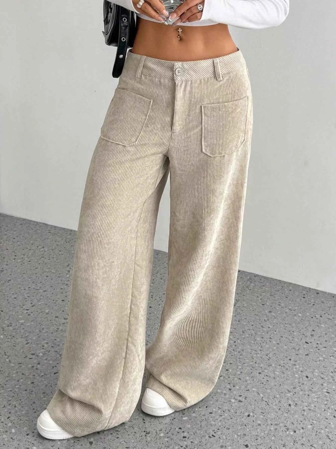women_fashion - littlescollectionWomen pantsWide - Leg Bold Silhouette Corduroy Pantsjeans pant