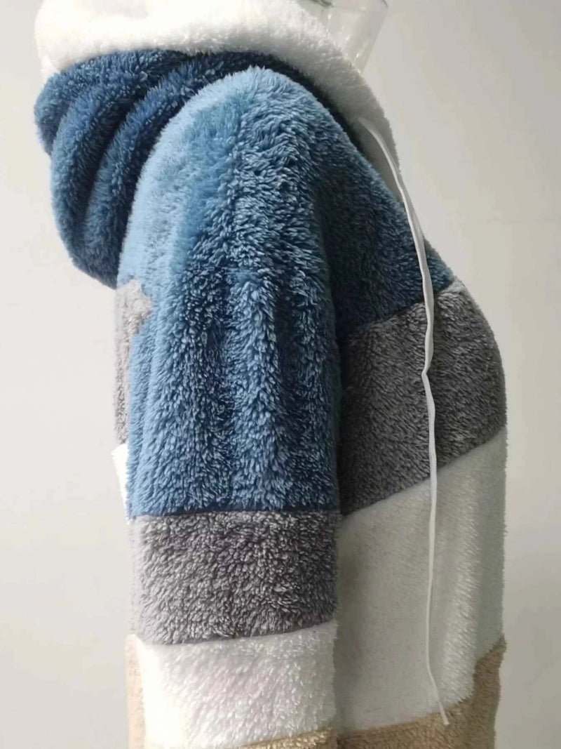 women_fashion - littlescollectionCoats JacketsColor Block Fuzzy Zip Up Hooded Fleece JacketShip From Overseas