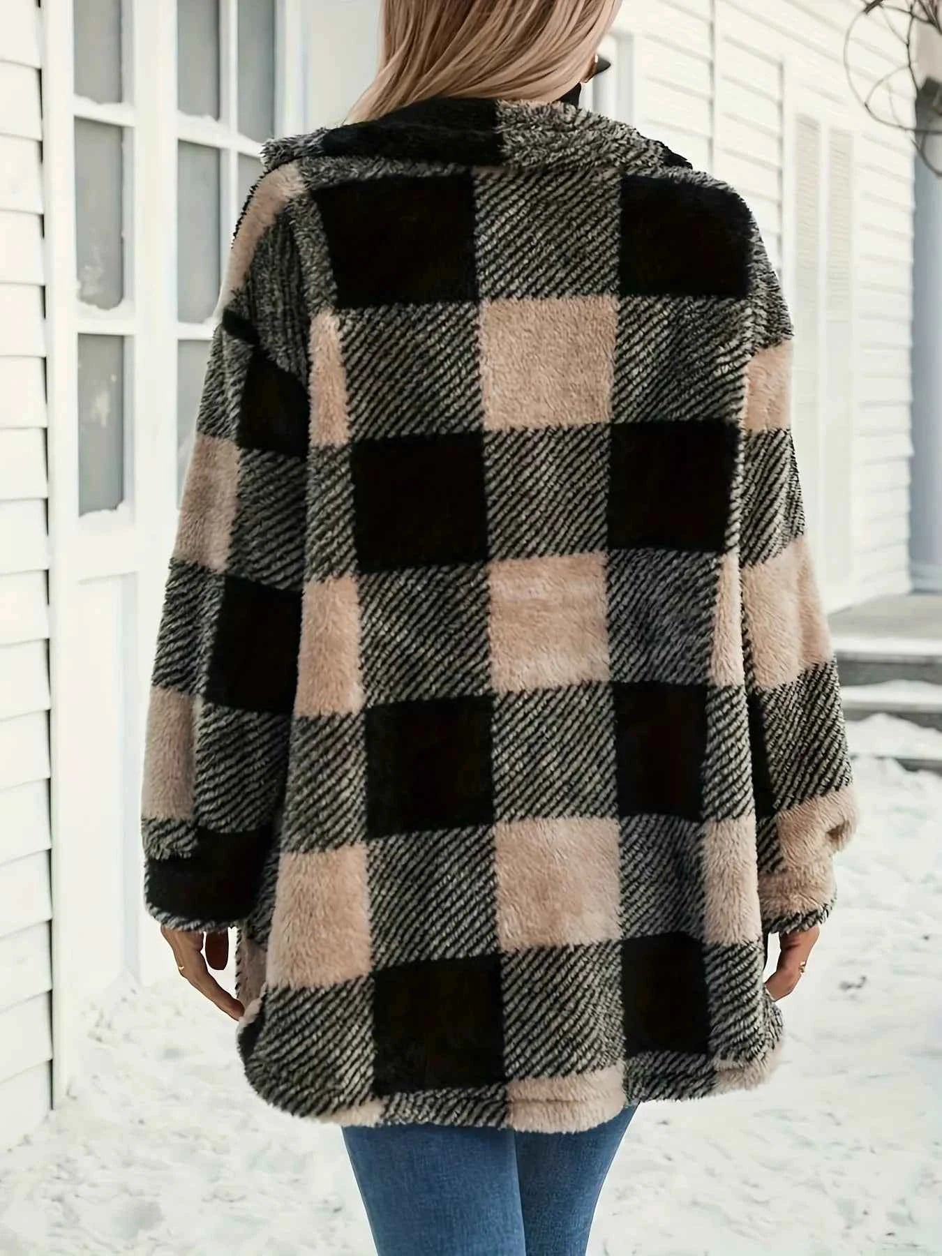 women_fashion - littlescollectionCoats JacketsButton Down Collared Neck Plaid Teddy Coat with PocketsMoya