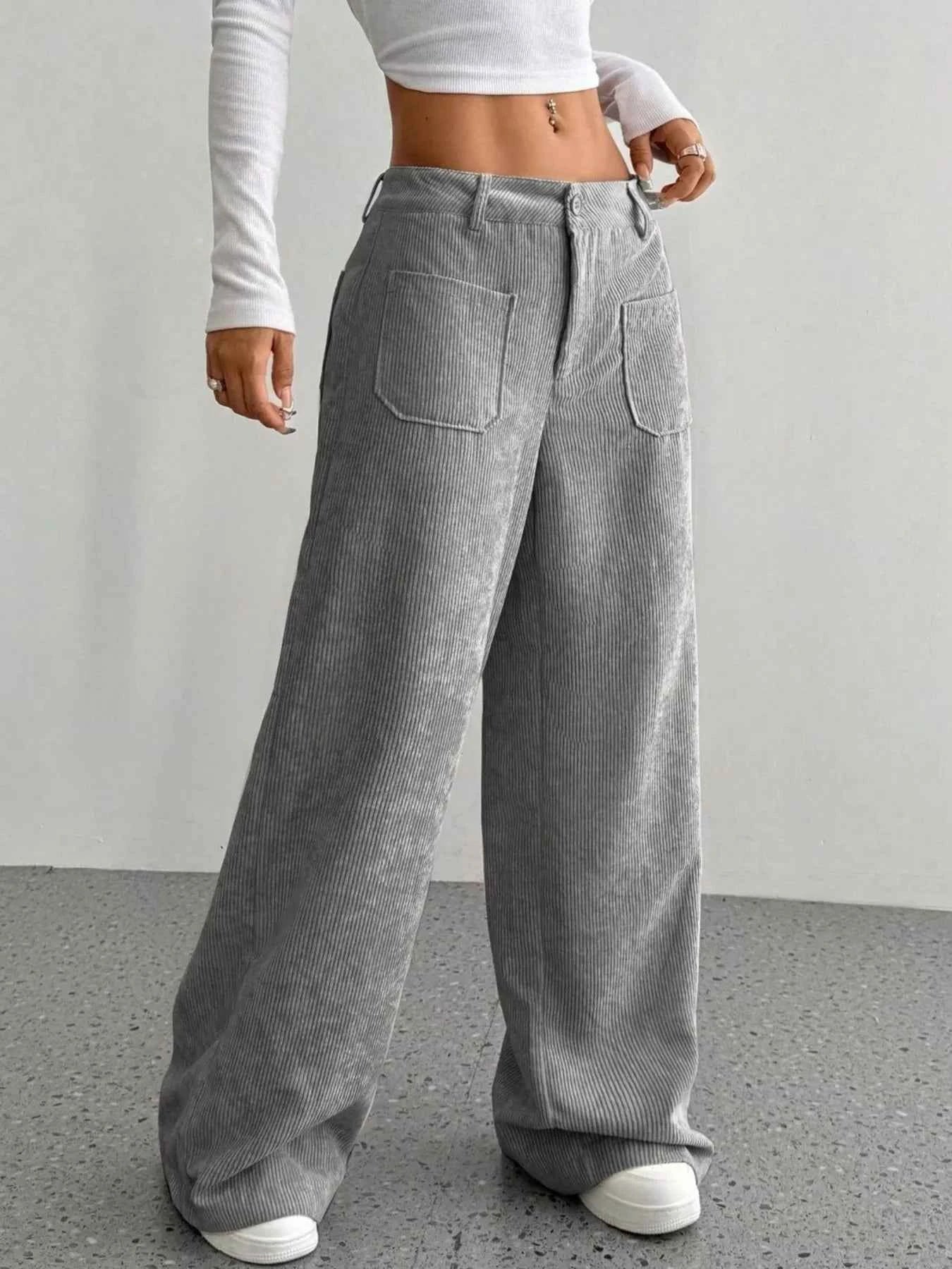 women_fashion - littlescollectionWomen pantsWide - Leg Bold Silhouette Corduroy Pantsjeans pant