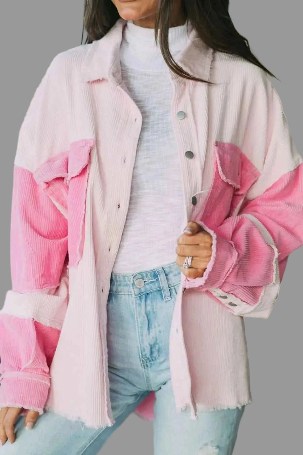 women_fashion - littlescollectionShacketTwo - tone Color Block Exposed Seam Corduroy Cotton Shacket