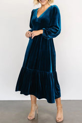 V-Neck Long Sleeve Midi Velvet Dress - Littles Collection 