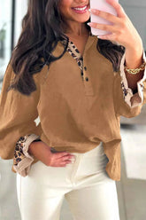 Leopard Trim Long Sleeve Blouse