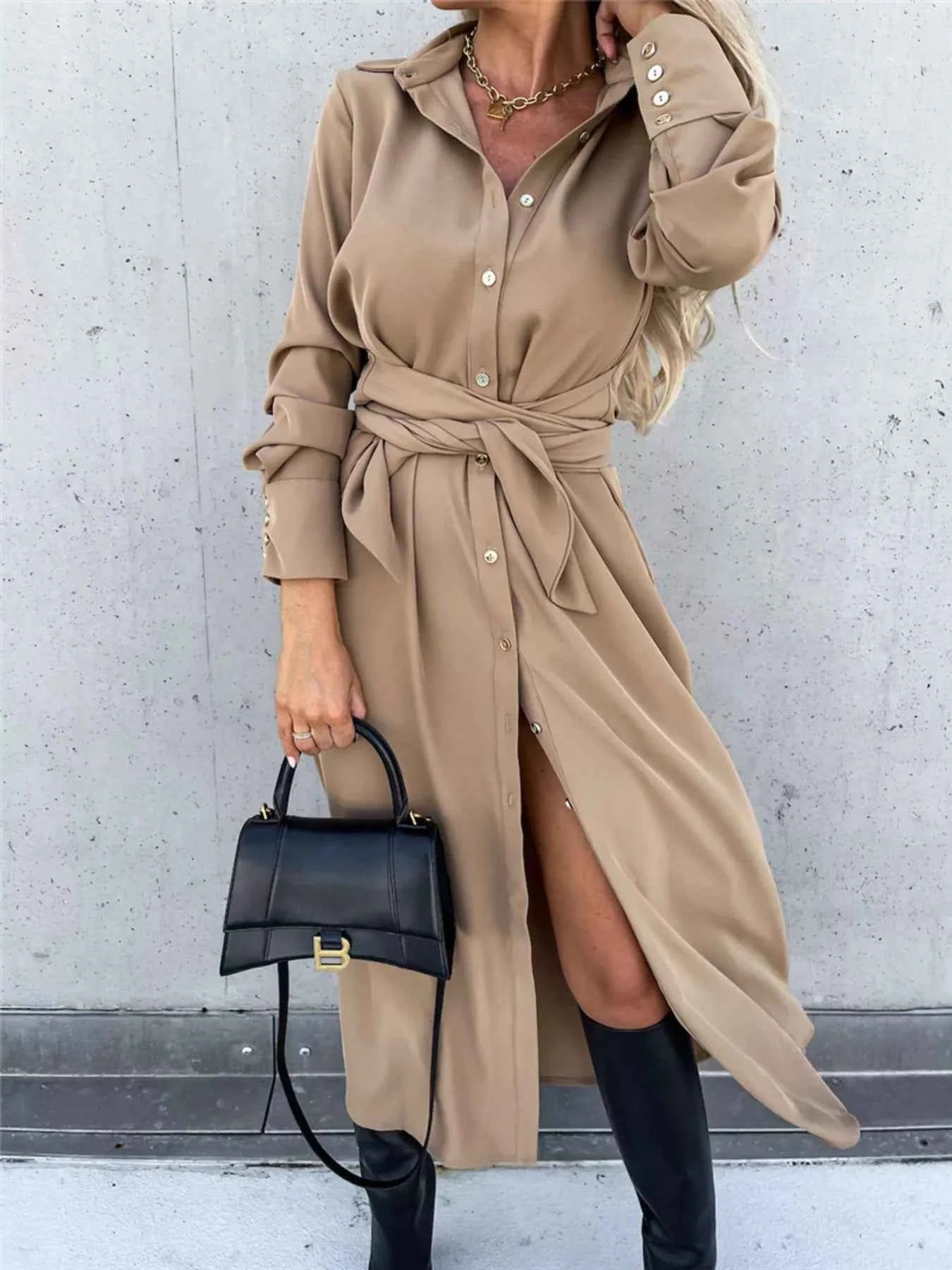 women_fashion - littlescollectionDressPlus Size Beige Button Front Shirt Dress Waist Tie