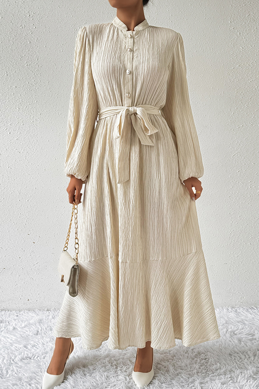 Women babydoll flared long dress baloon sleeve waist tie band collar neck. Beige color.