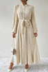 Women babydoll flared long dress baloon sleeve waist tie band collar neck. Beige color.