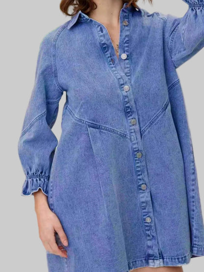 Ruffled Cuff Button-Down Denim Dress