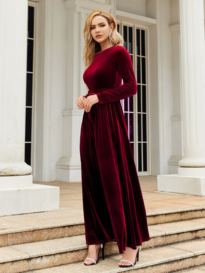 Tie Front Round Neck Velvet Maxi Dress - Littles Collection 