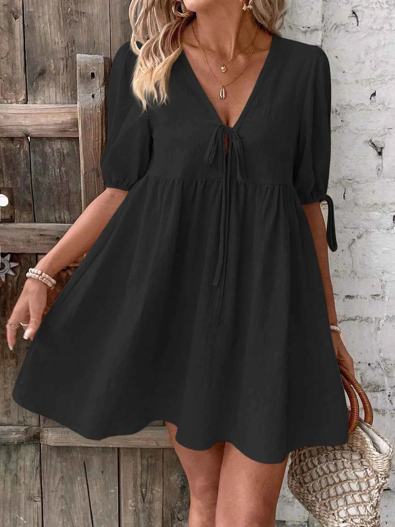 women_fashion - littlescollectionCotton dressV - Neck Tie - Front Mini Dress with Puff Sleeveslittlescollection