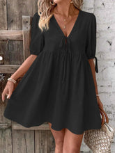 women_fashion - littlescollectionCotton dressV - Neck Tie - Front Mini Dress with Puff Sleeveslittlescollection