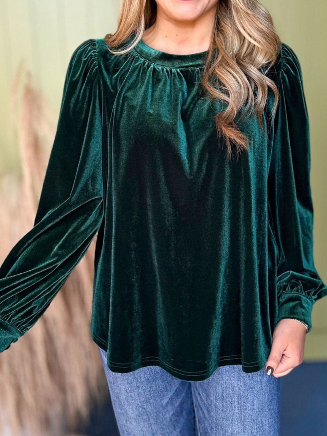 Green rushed neck loose fit blouse full sleeve velvet Top for party 
