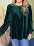 Green rushed neck loose fit blouse full sleeve velvet Top for party 