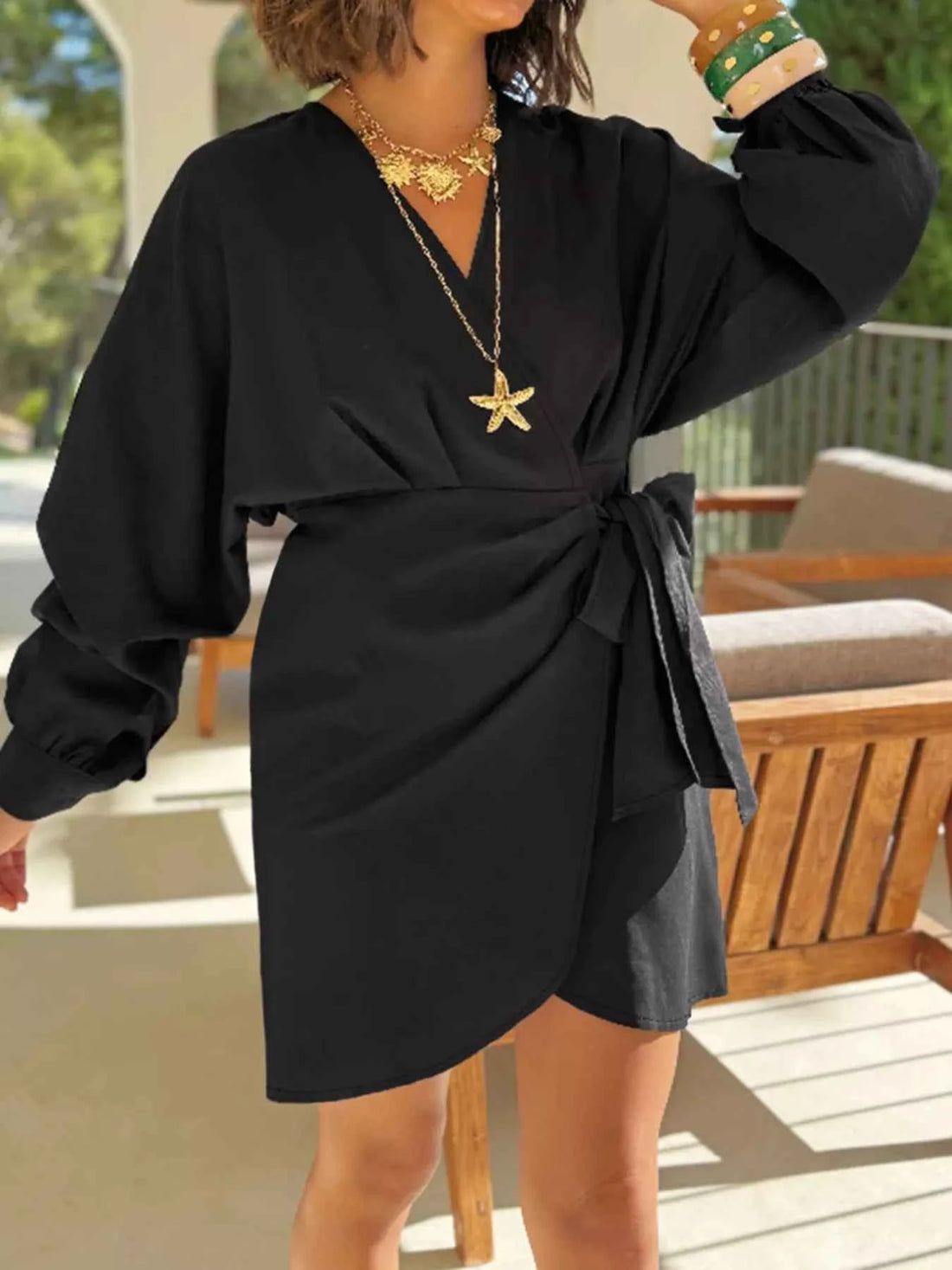 women_fashion - littlescollectionDressPlus Size Long Sleeve Wrap Mini Dress Black