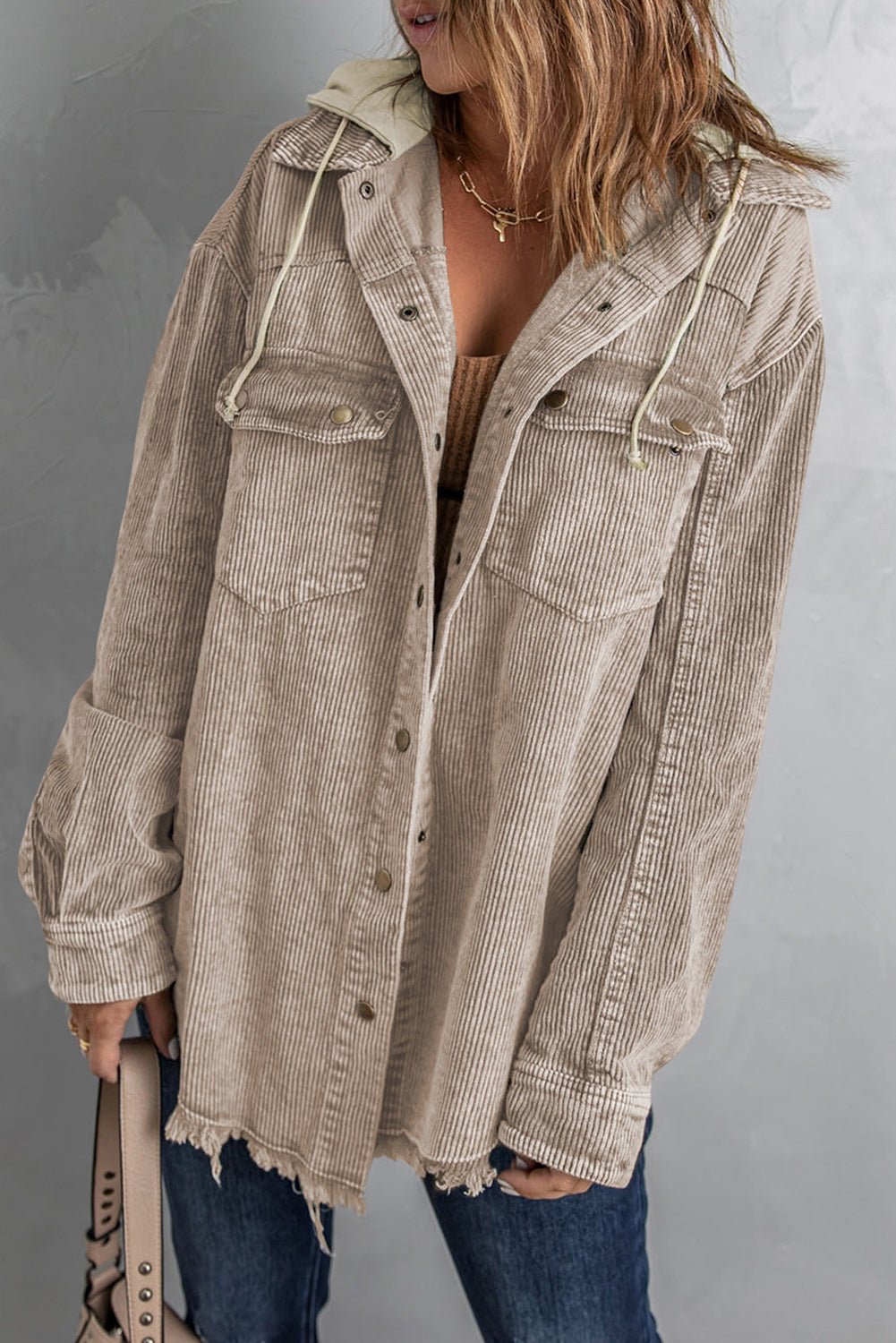Snap gray  Front Hooded Corduroy Shacket women_fashion - littlescollection