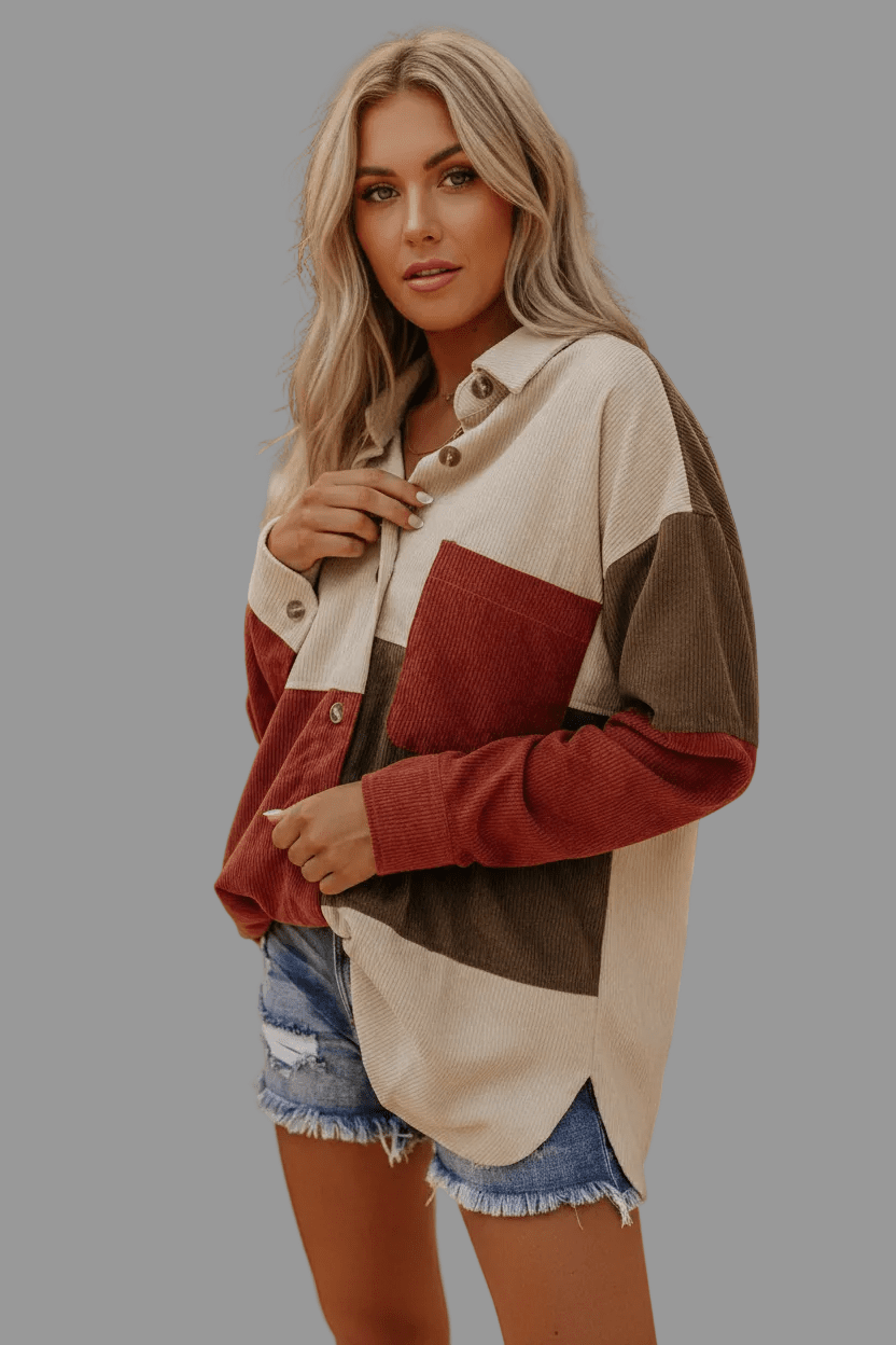 women_fashion - littlescollectionShacketColor Block Boho Curved Hem Corduroy Shacket with Pocketjacketswomen fashion