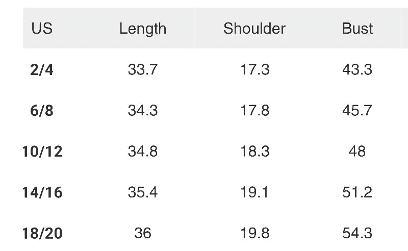 Measurement chart for clothing sizes with dimensions in inches.