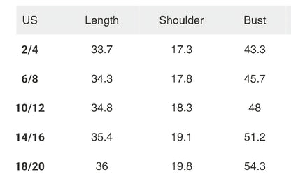 Measurement chart for clothing sizes with dimensions in inches.