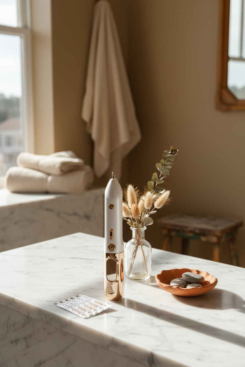 Bathroom counter with towels, candle, vase, and bowl.