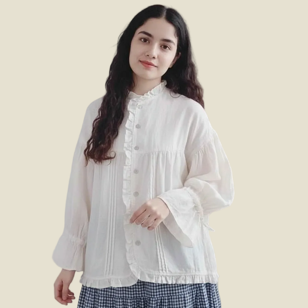 Retro Linen Ear Balloon Sleeve Blouse