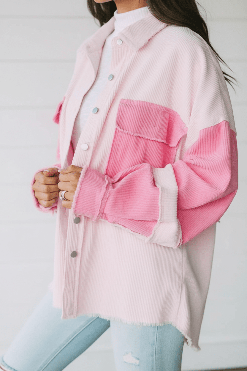 women_fashion - littlescollectionShacketTwo - tone Color Block Exposed Seam Corduroy Cotton Shacket