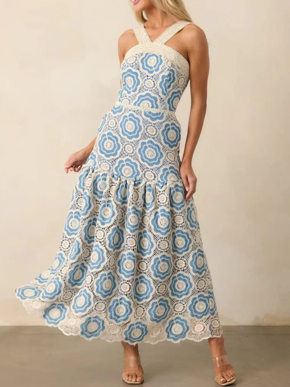 Lace Sleeveless Cotton Floral Print Tiered Long Dress