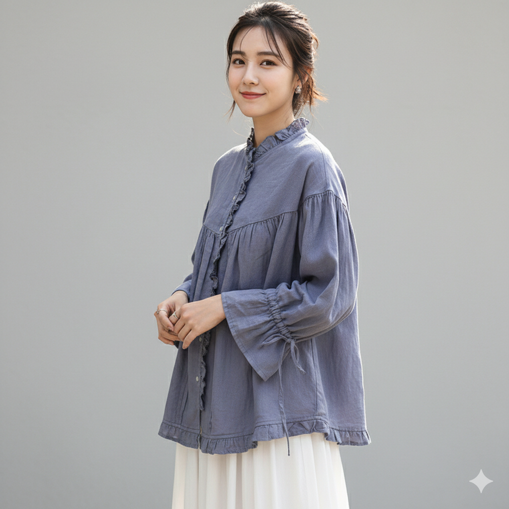 Retro Linen Ear Balloon Sleeve Blouse