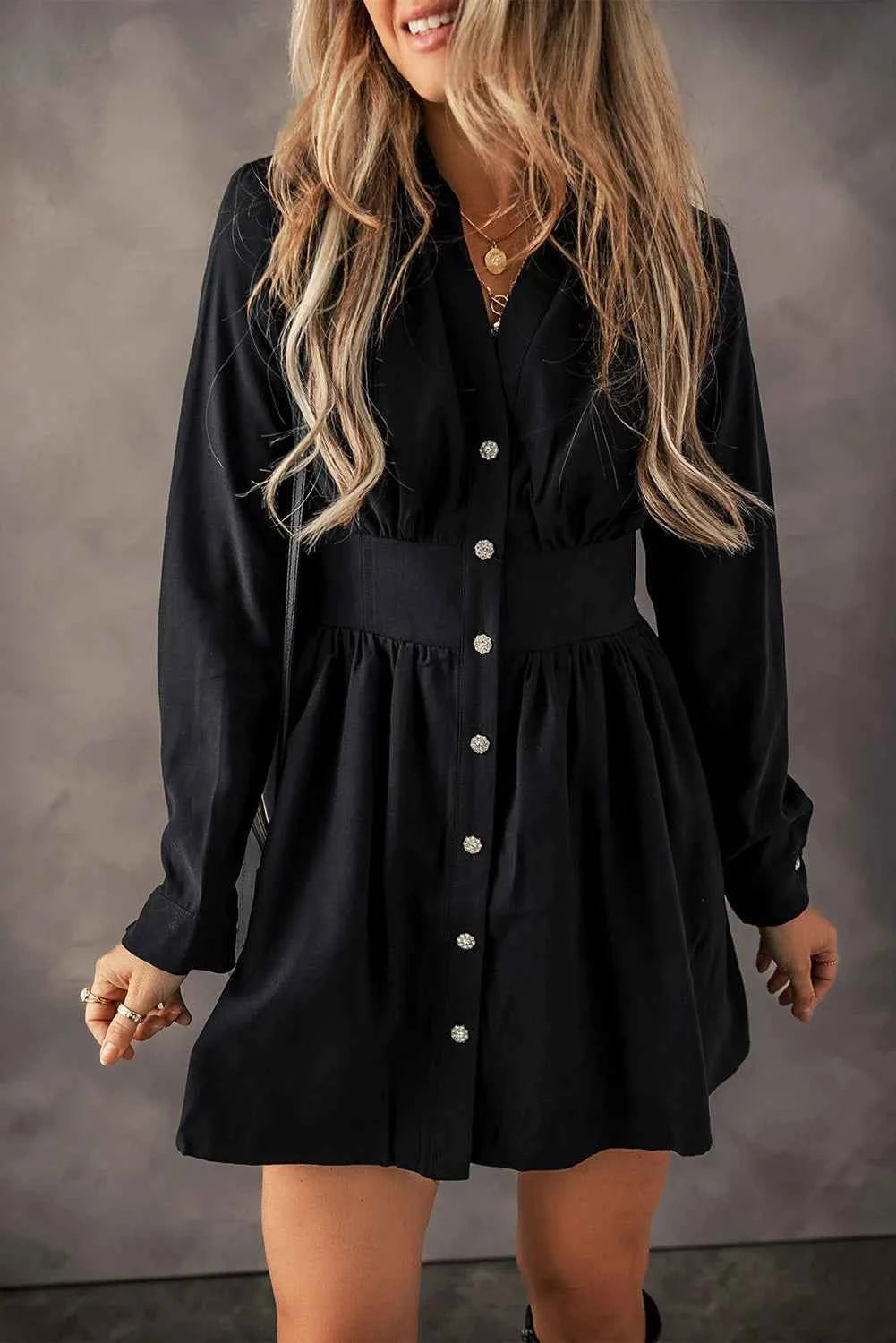 Ruched Button Up Black Dress