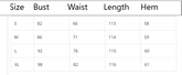 Table displaying clothing measurements with size, bust, waist, length, and hem dimensions.