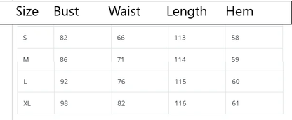 Table displaying clothing measurements with size, bust, waist, length, and hem dimensions.